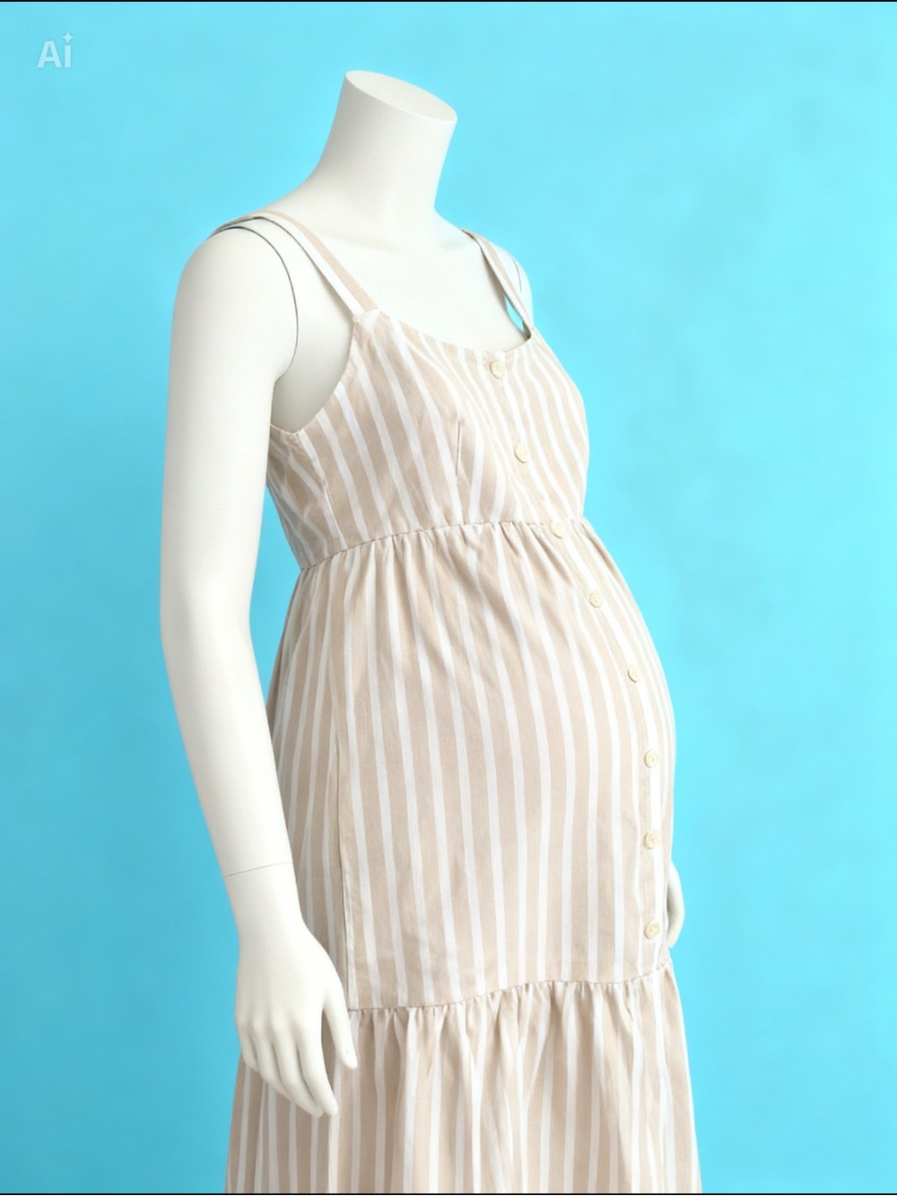 Ingrid & Isabel Beige and White Striped Maternity Maxi Dress Lightweight Straps